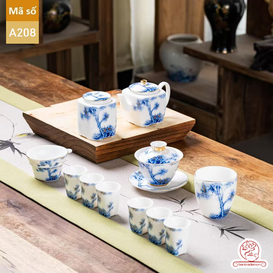 Bộ ấm chén pha trà đạo cao cấp chất liệu bạch sứ cao cấp hạo tiết trúc A208