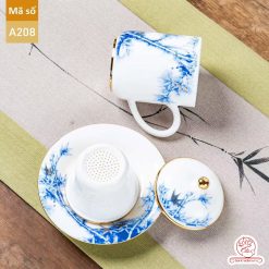 Bộ ấm chén pha trà đạo cao cấp chất liệu bạch sứ cao cấp hạo tiết trúc A208