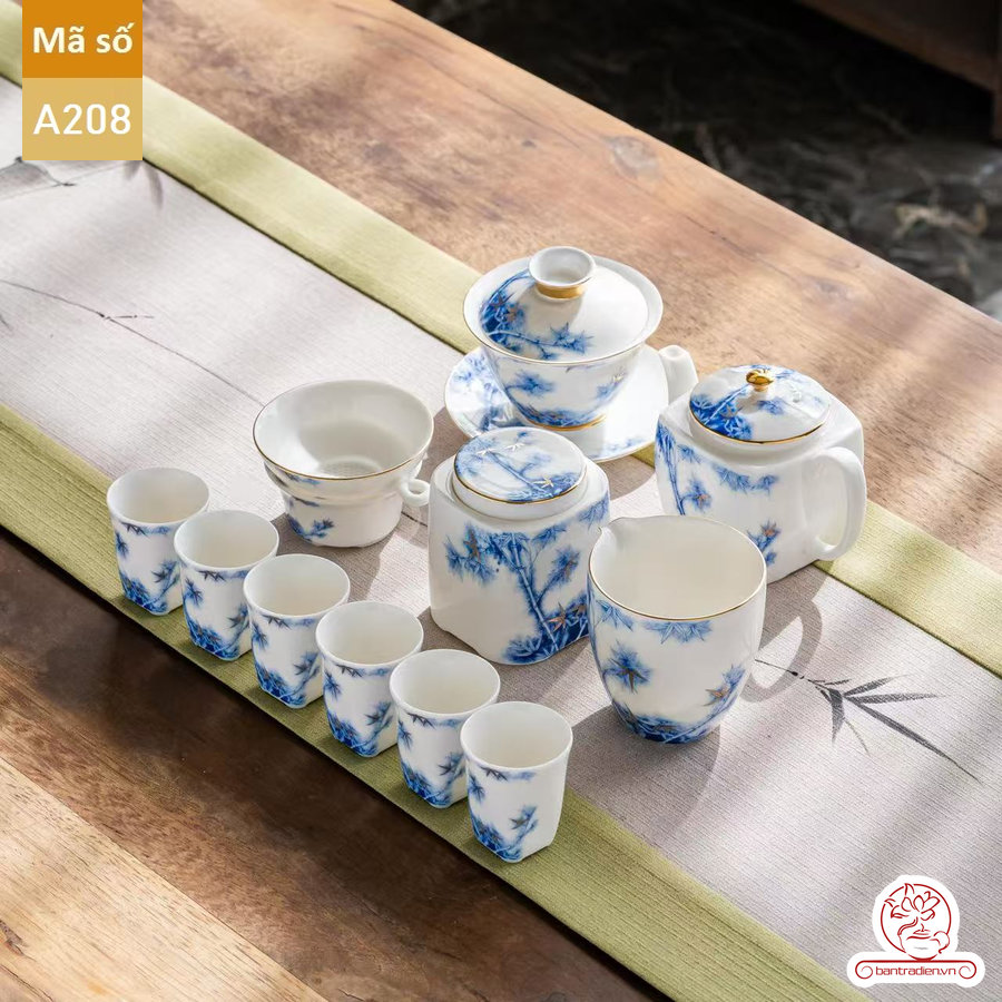 Bộ ấm chén pha trà đạo cao cấp chất liệu bạch sứ cao cấp hạo tiết trúc A208