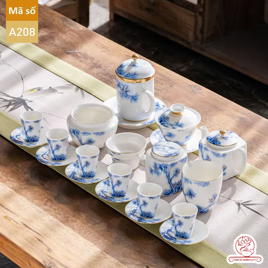 Bộ ấm chén pha trà đạo cao cấp chất liệu bạch sứ cao cấp hạo tiết trúc A208