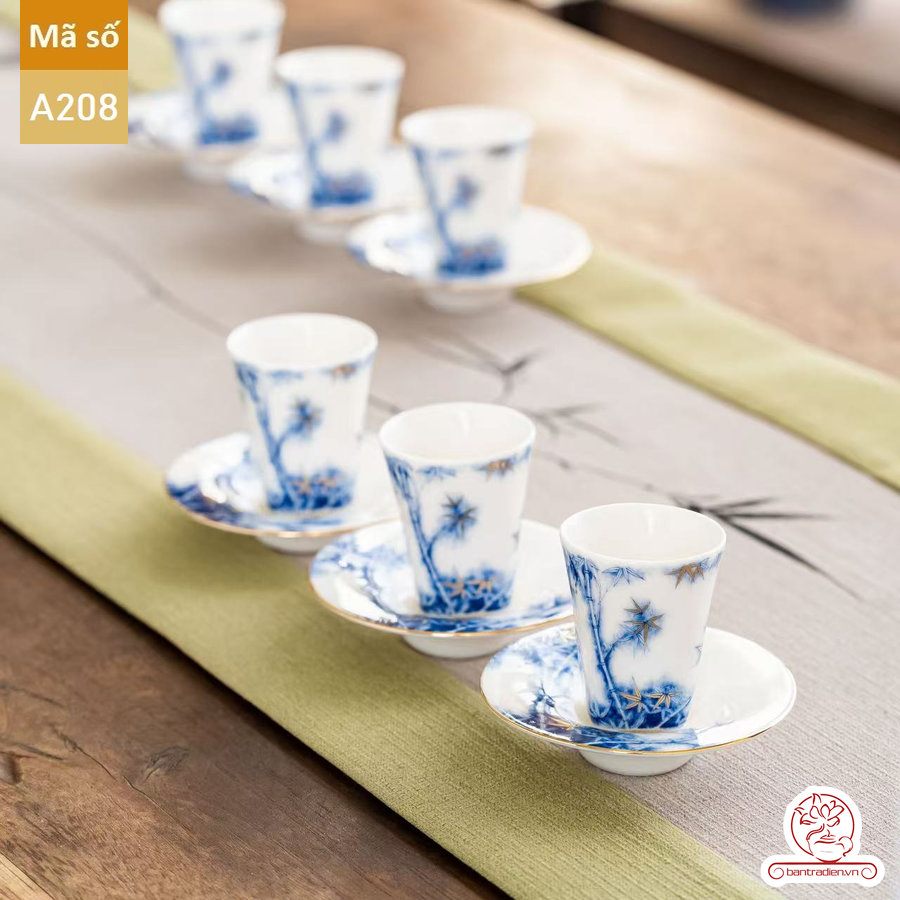Bộ ấm chén pha trà đạo cao cấp chất liệu bạch sứ cao cấp hạo tiết trúc A208