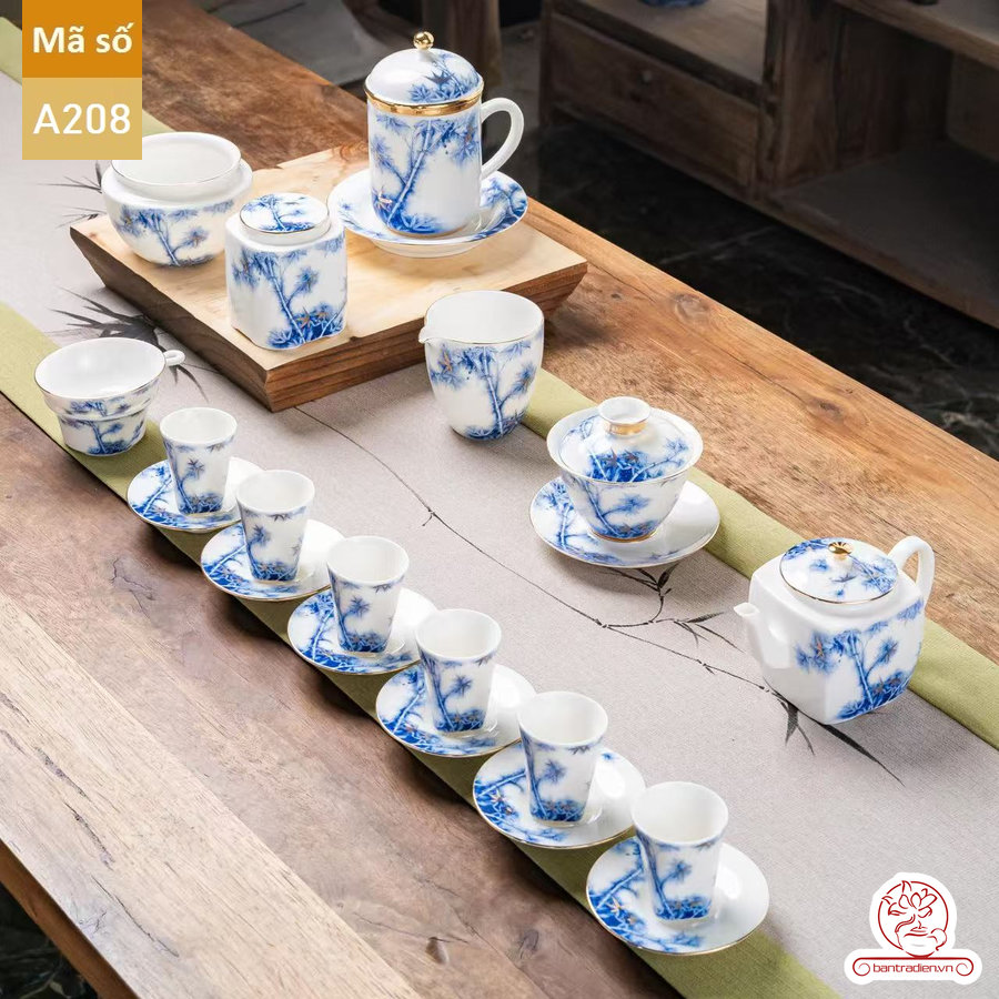 Bộ ấm chén pha trà đạo cao cấp chất liệu bạch sứ cao cấp hạo tiết trúc A208